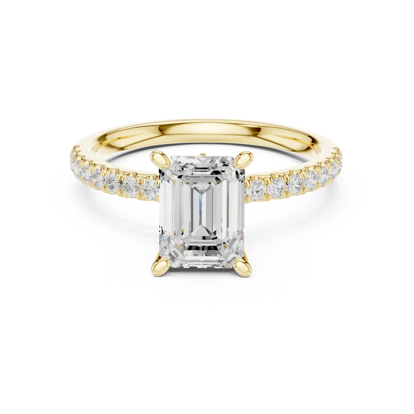 Emerald solitaire ring in yellow gold with pave diamond band and lab-grown diamond – Australia
