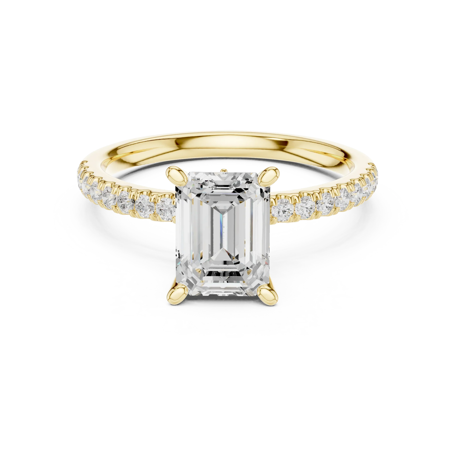 Emerald solitaire ring in yellow gold with pave diamond band and lab-grown diamond – Australia