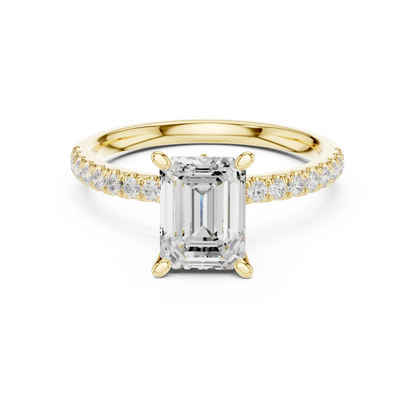Emerald solitaire ring in yellow gold with pave diamond band and lab-grown diamond – Australia
