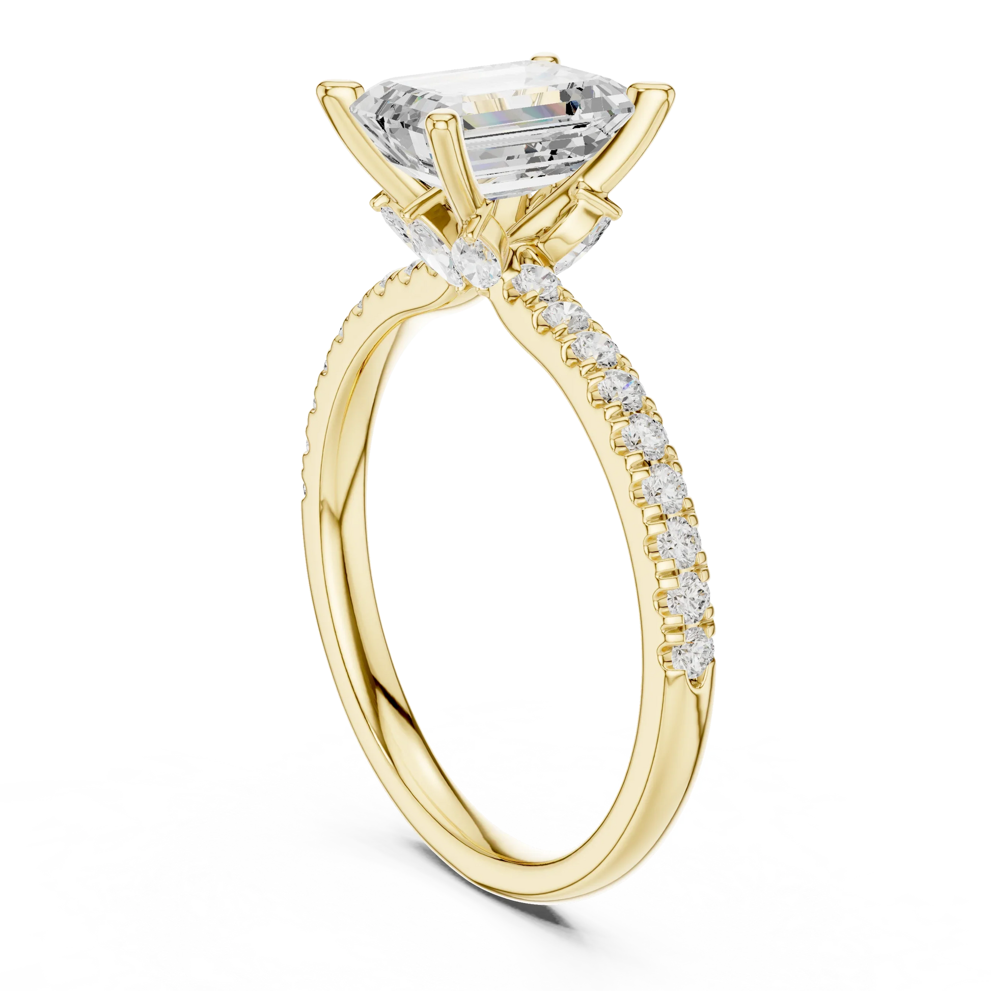 Back side view of yellow gold emerald solitaire ring with pave diamond band and lab-grown diamond – Australia