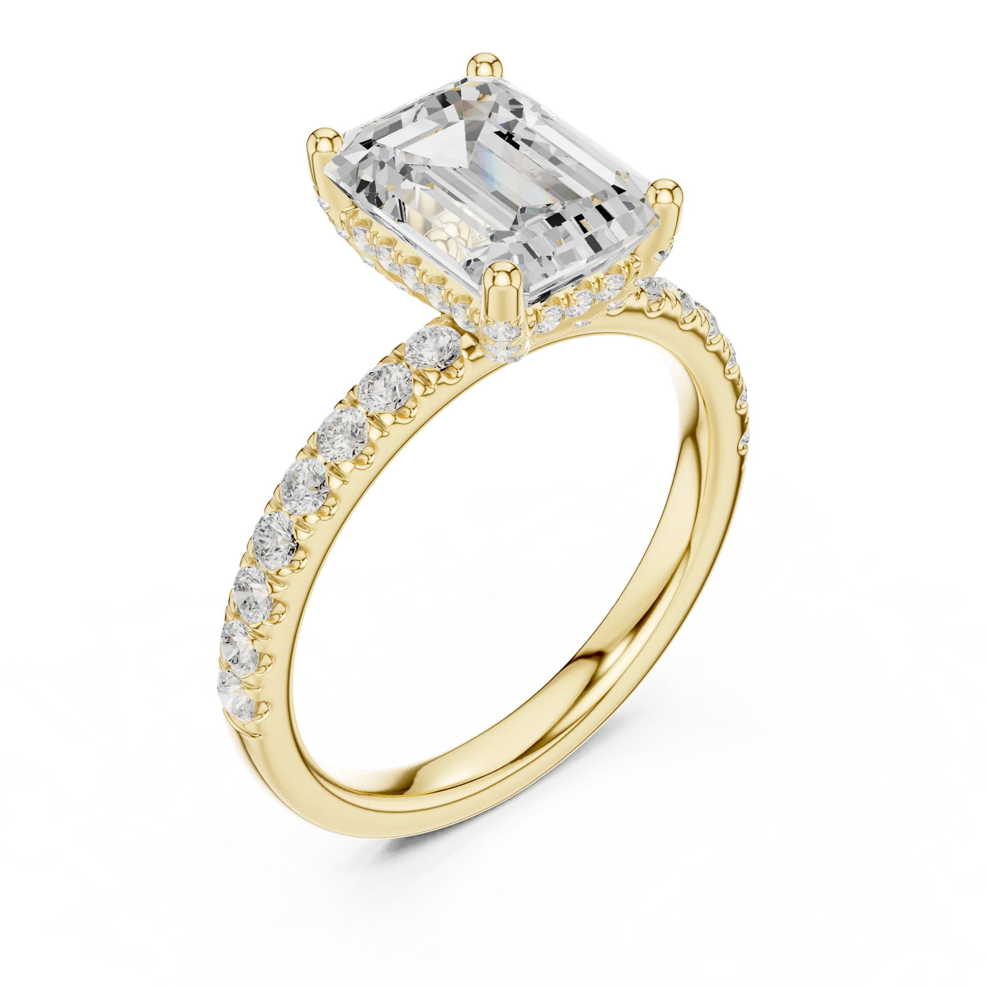 Front view of yellow gold emerald solitaire ring with pave diamond band and lab-grown diamond – Australia