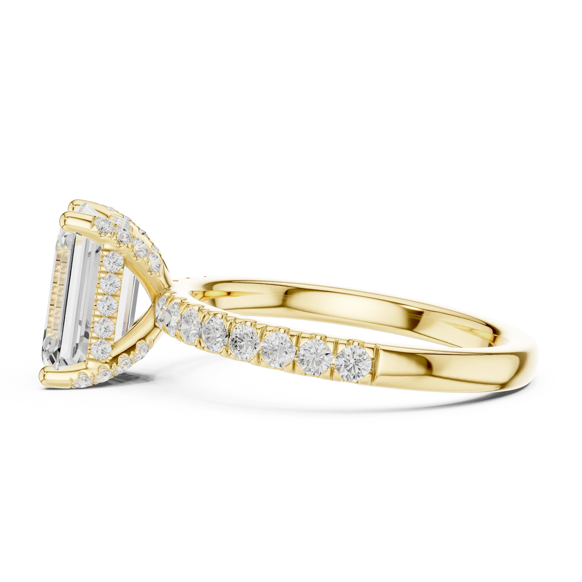 Side view of yellow gold emerald solitaire ring with pave diamond band and lab-grown diamond – Australia