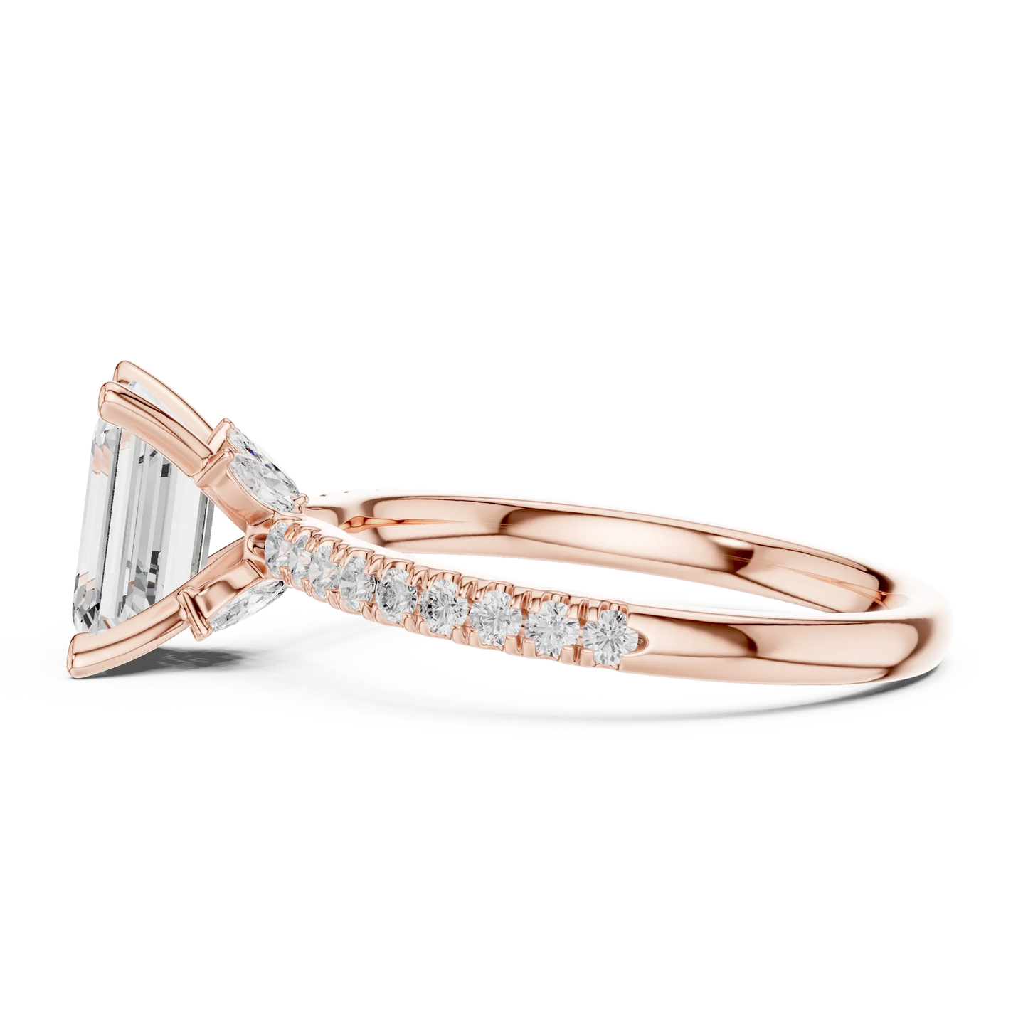 Side view of rose gold emerald solitaire ring with pave diamond band and lab-grown diamond – Australia