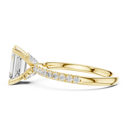 Side view of yellow gold emerald solitaire ring with pave diamond band and lab-grown diamond – Australia