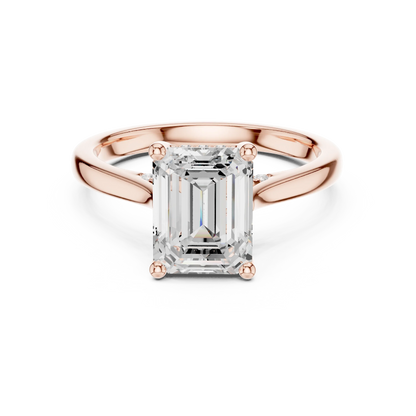 Emerald solitaire ring in rose gold with plain domed band and lab-grown diamond – Australia
