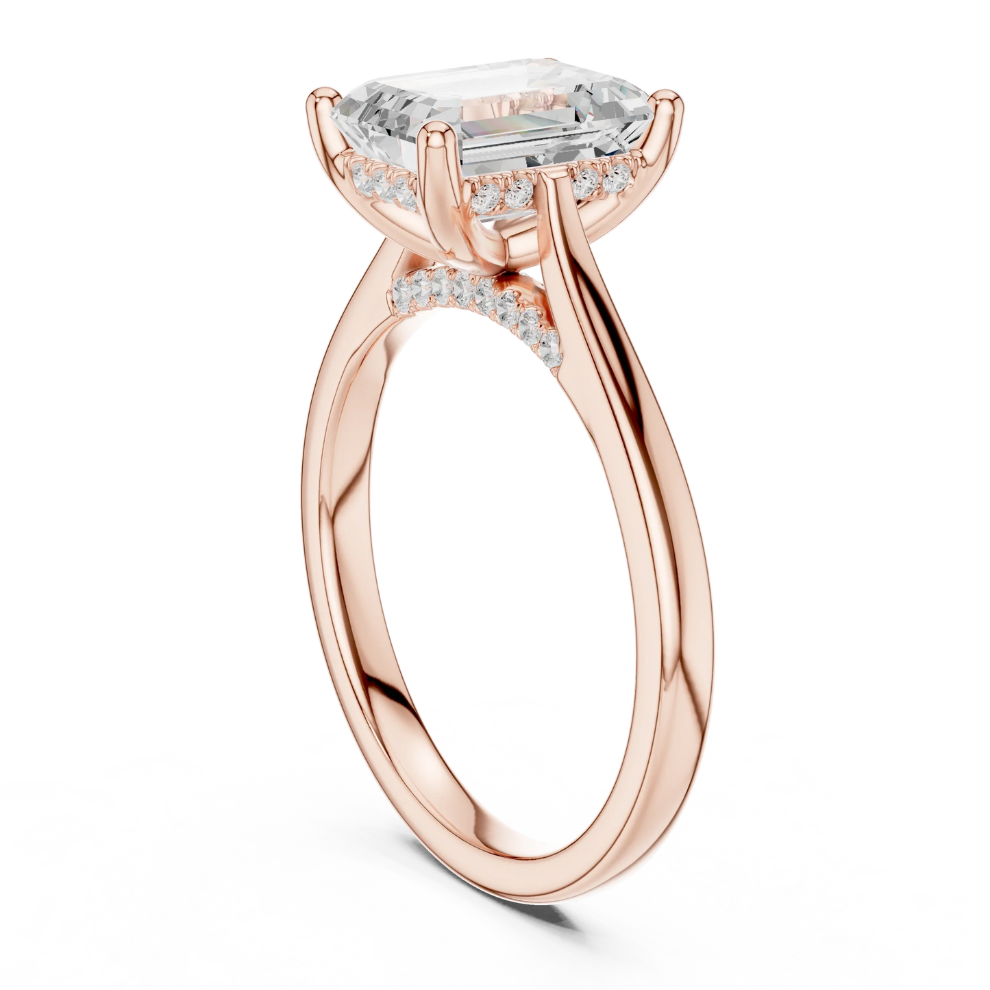 Back view of rose gold emerald solitaire ring with plain domed band and lab-grown diamond – Australia