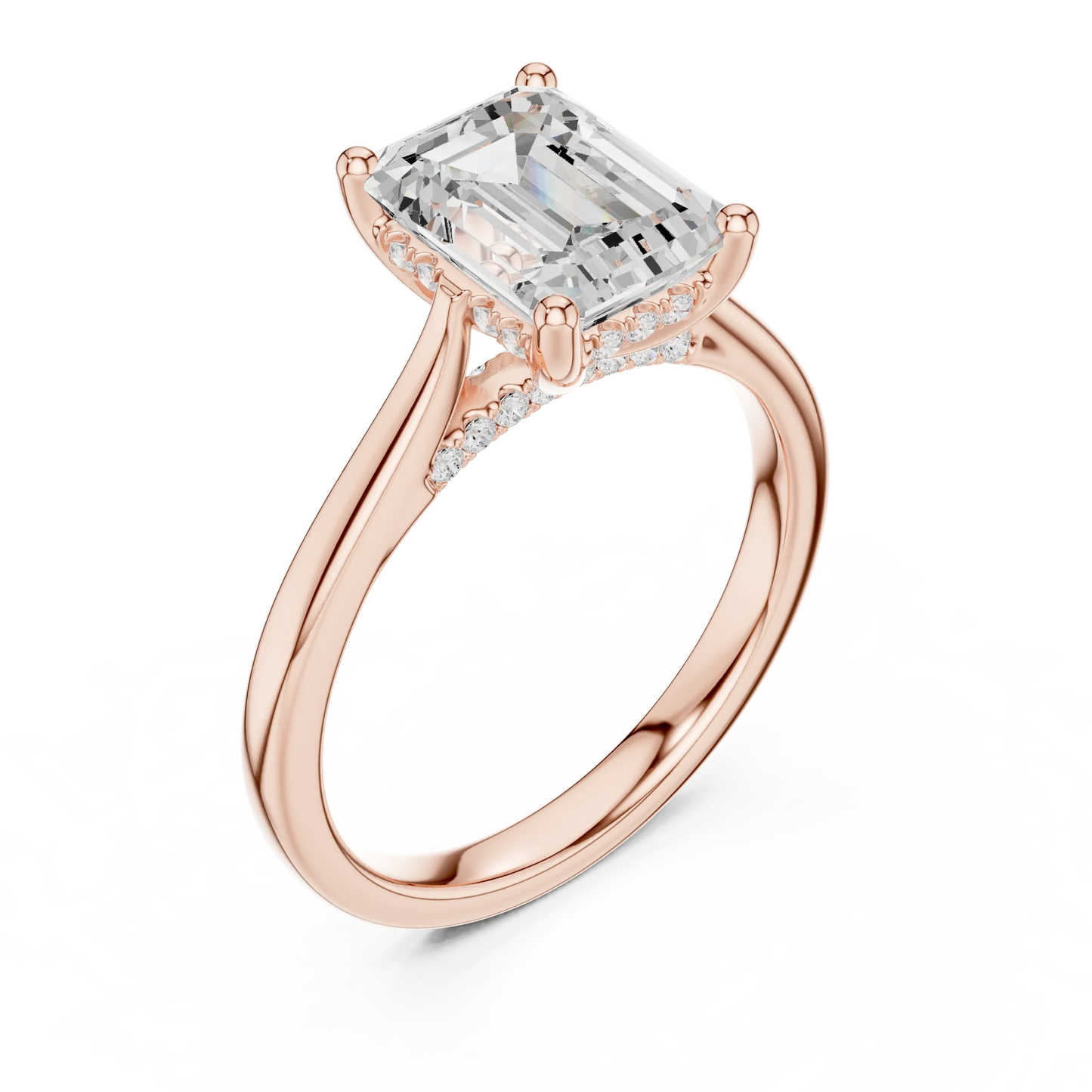 Front view of rose gold emerald solitaire ring with plain domed band and lab-grown diamond – Australia
