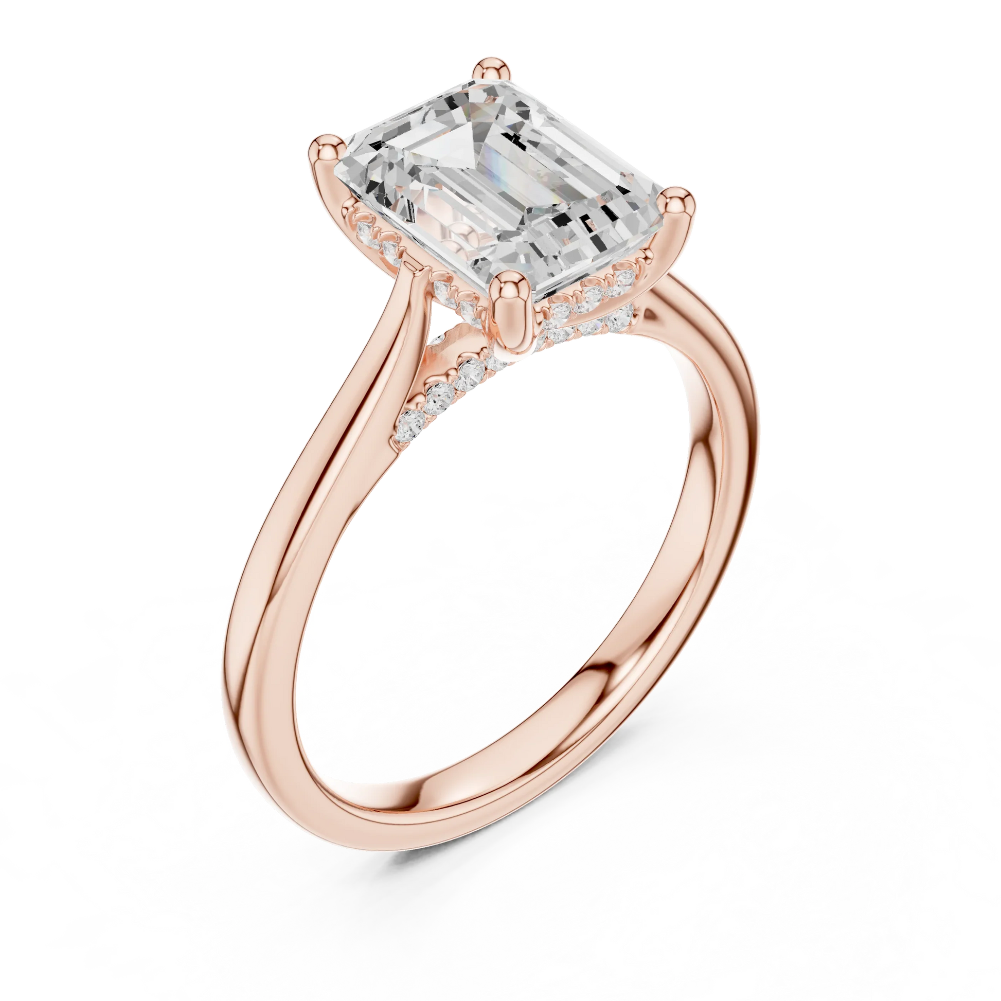 Front view of rose gold emerald solitaire ring with plain domed band and lab-grown diamond – Australia