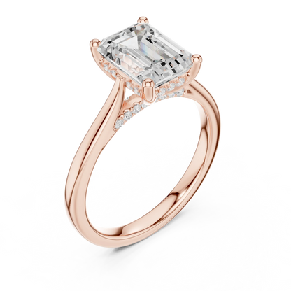Front view of rose gold emerald solitaire ring with plain domed band and lab-grown diamond – Australia