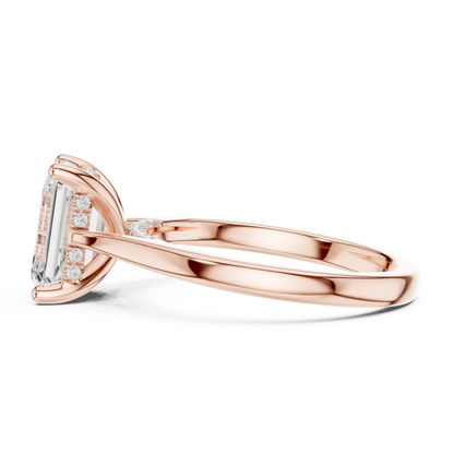 Side view of rose gold emerald solitaire ring with plain domed band and lab-grown diamond – Australia