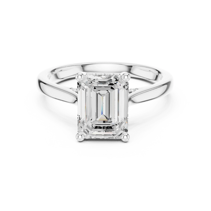Emerald solitaire ring in white gold with plain domed band and lab-grown diamond – Australia