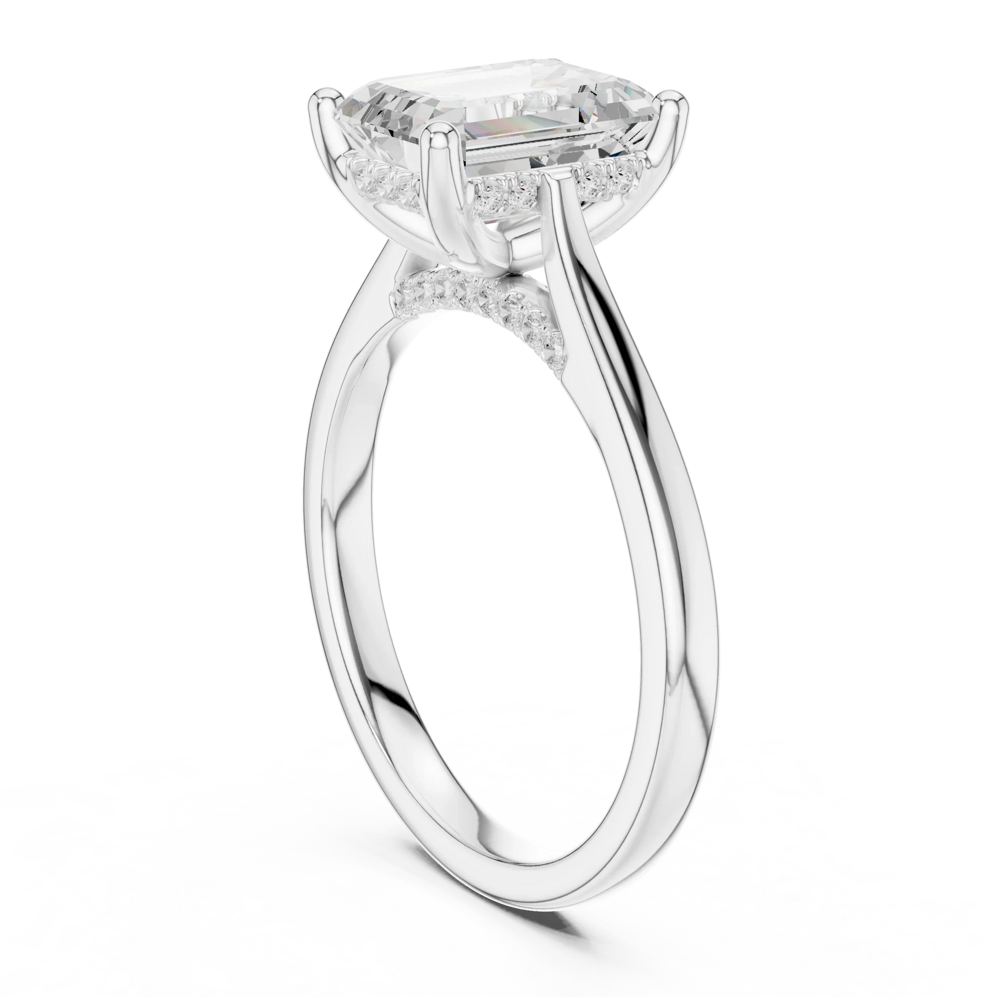 Back view of white gold emerald solitaire ring with plain domed band and lab-grown diamond – Australia