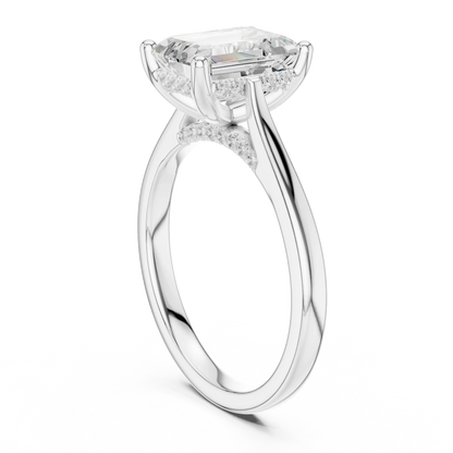 Back view of white gold emerald solitaire ring with plain domed band and lab-grown diamond – Australia
