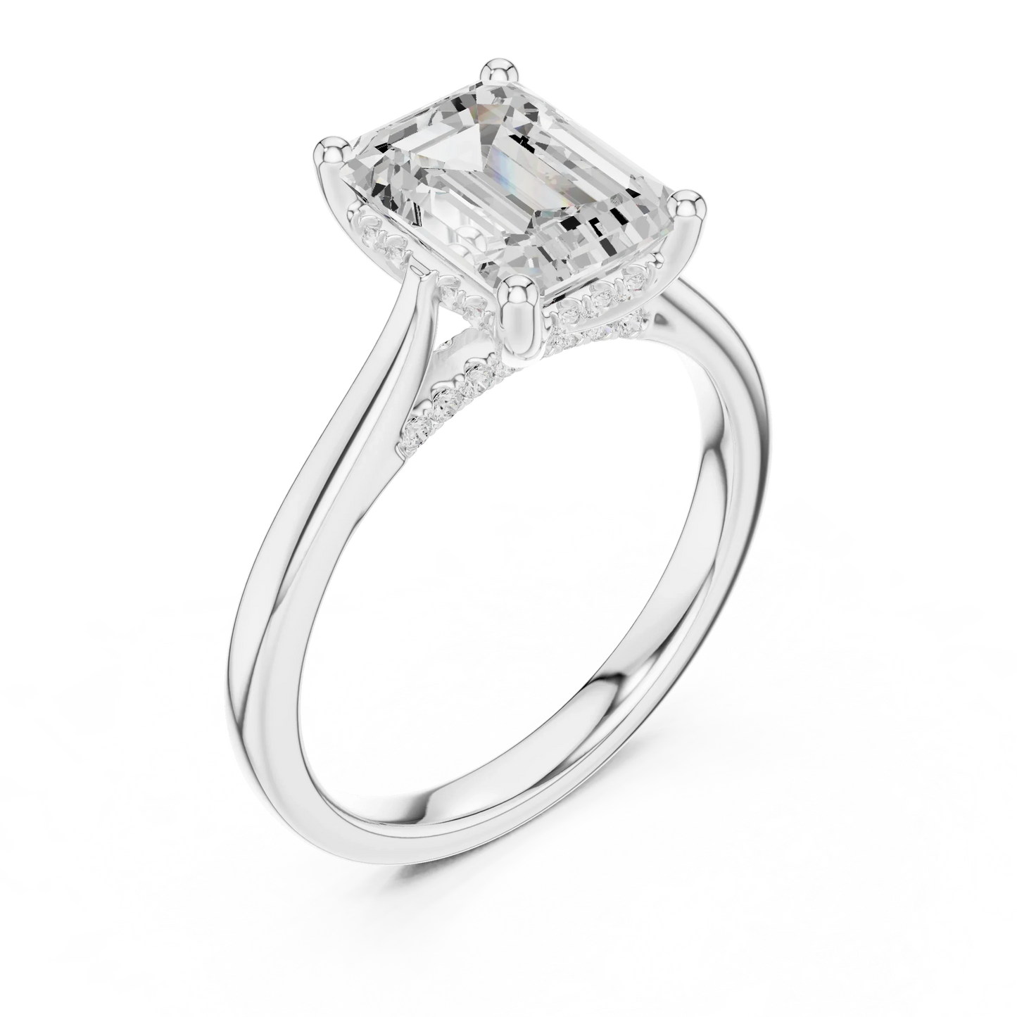 Front view of white gold emerald solitaire ring with plain domed band and lab-grown diamond – Australia