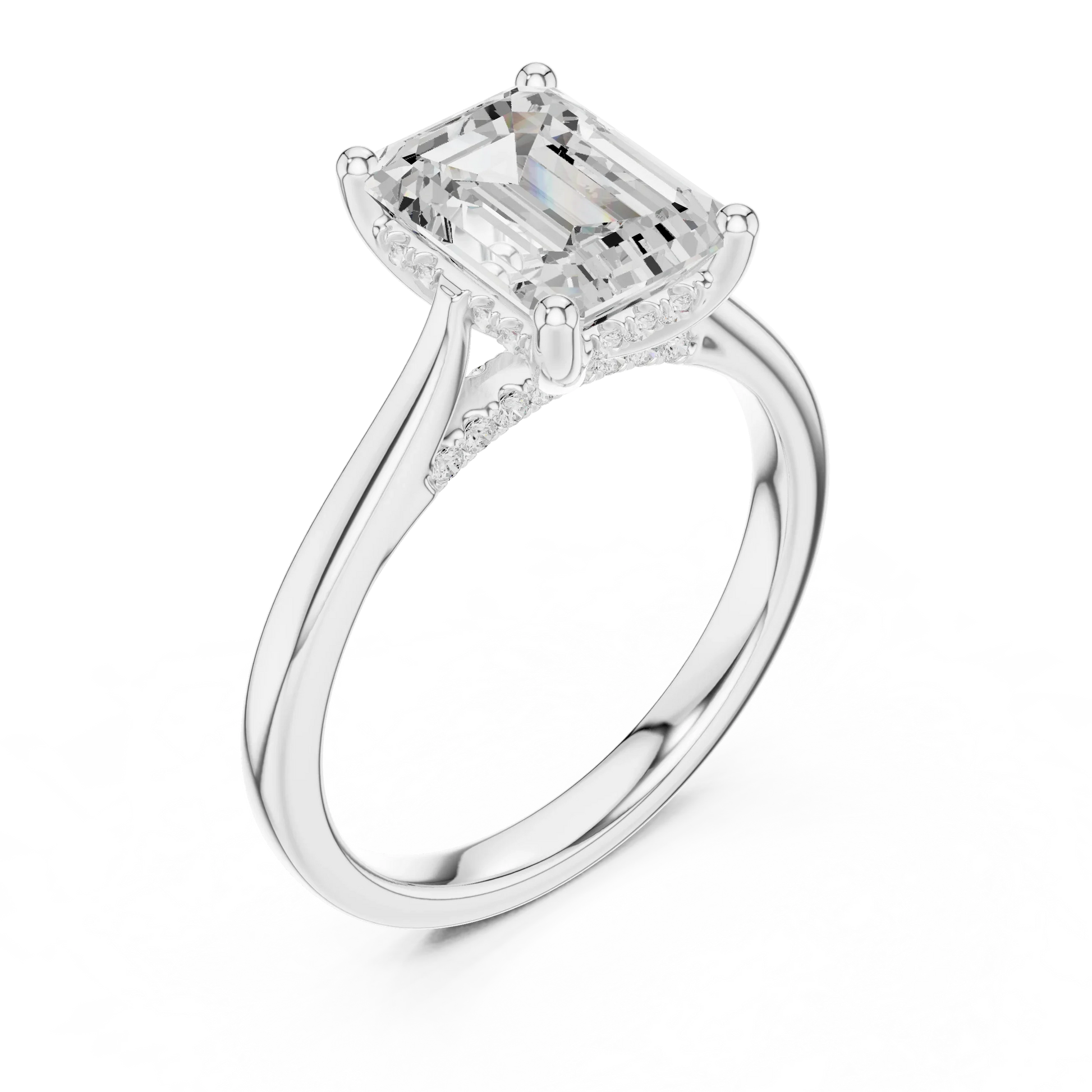 Front view of white gold emerald solitaire ring with plain domed band and lab-grown diamond – Australia