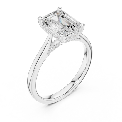 Front view of white gold emerald solitaire ring with plain domed band and lab-grown diamond – Australia