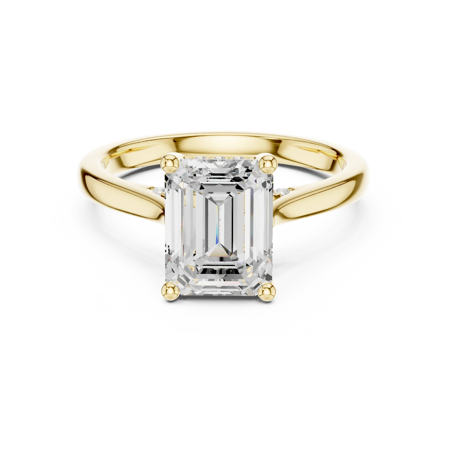 Emerald solitaire ring in yellow gold with plain domed band and lab-grown diamond – Australia