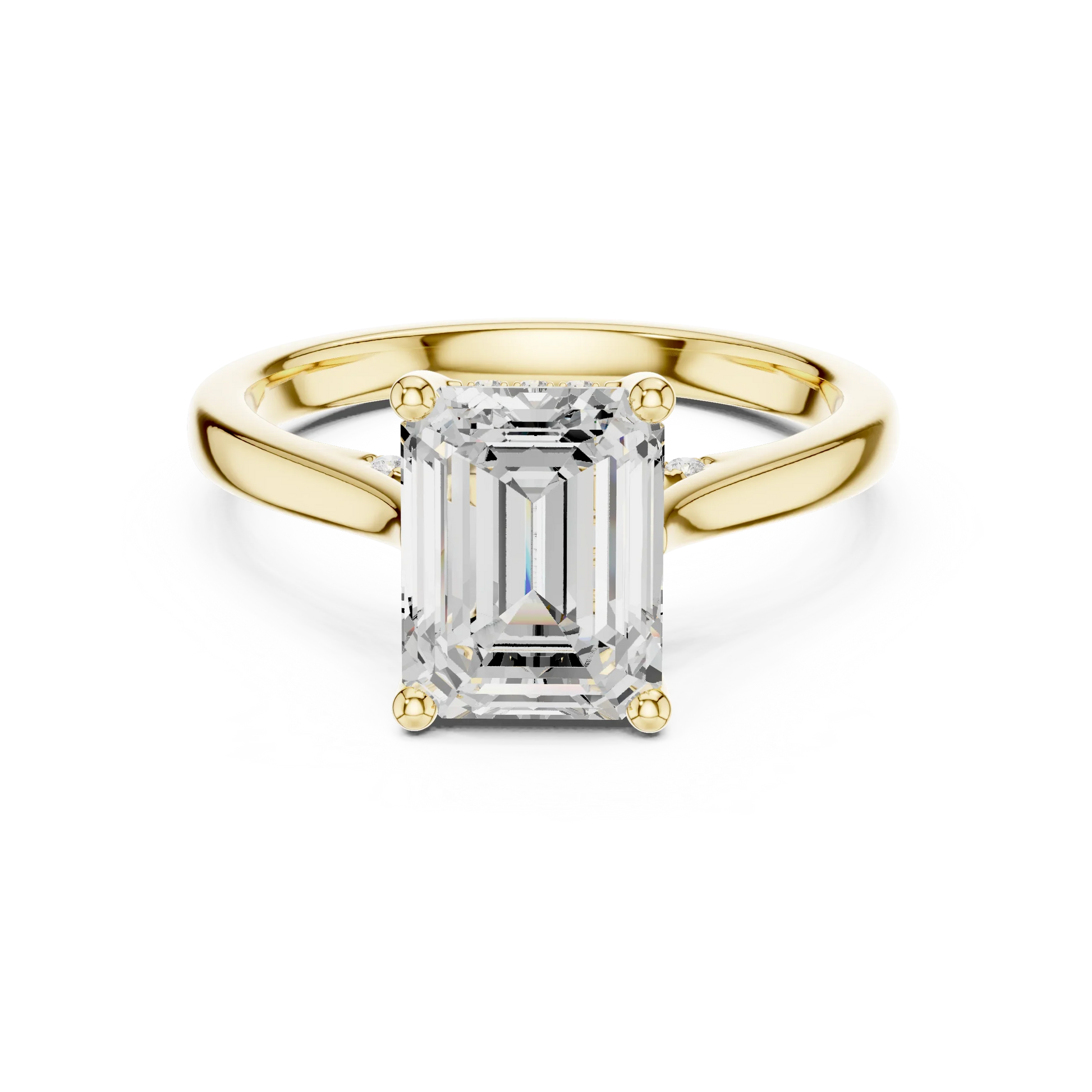 Emerald solitaire ring in yellow gold with plain domed band and lab-grown diamond – Australia