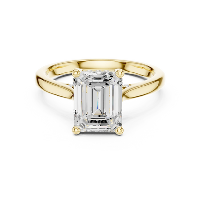 Emerald solitaire ring in yellow gold with plain domed band and lab-grown diamond – Australia