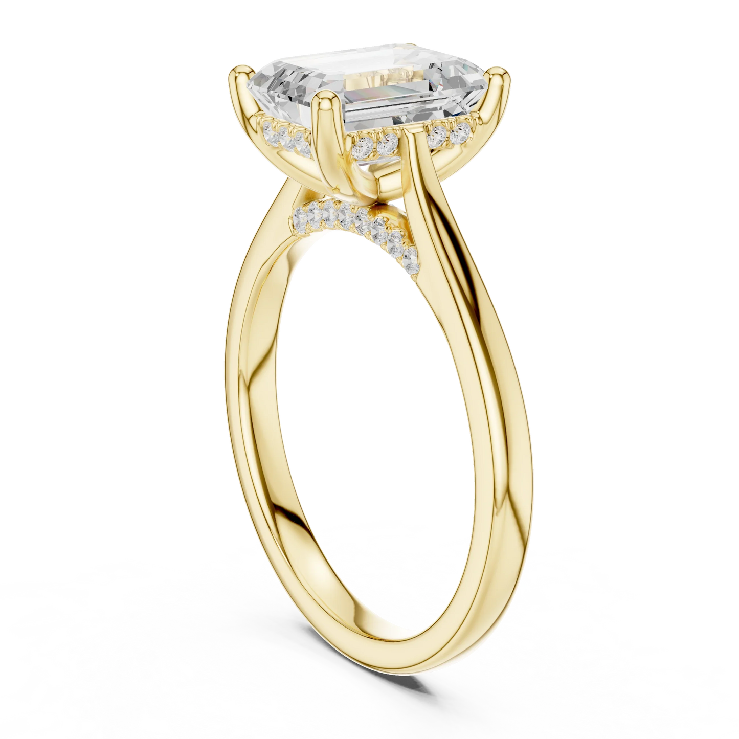 Back view of yellow gold emerald solitaire ring with plain domed band and lab-grown diamond – Australia
