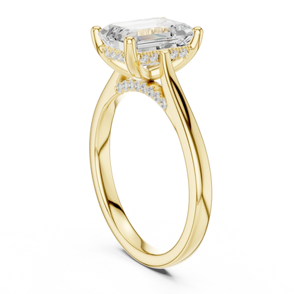 Back view of yellow gold emerald solitaire ring with plain domed band and lab-grown diamond – Australia