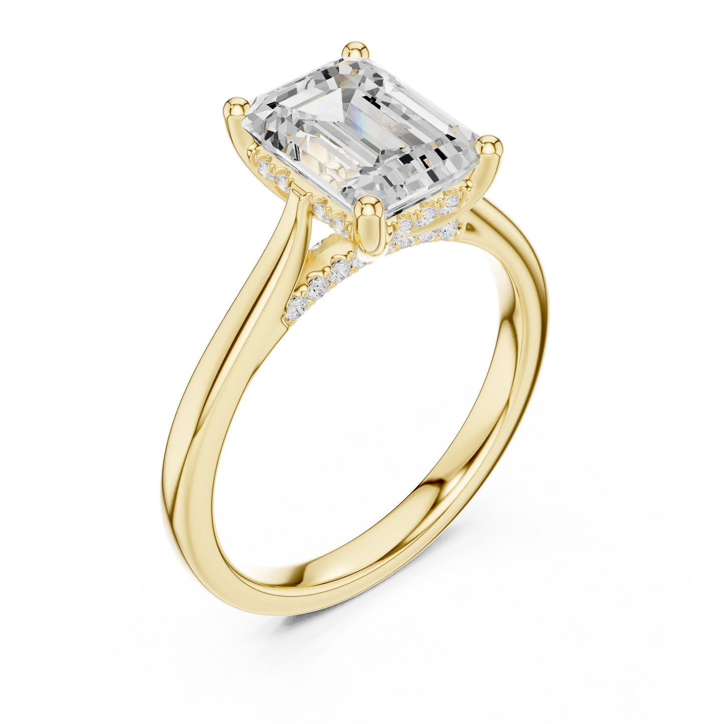 Front view of yellow gold emerald solitaire ring with plain domed band and lab-grown diamond – Australia