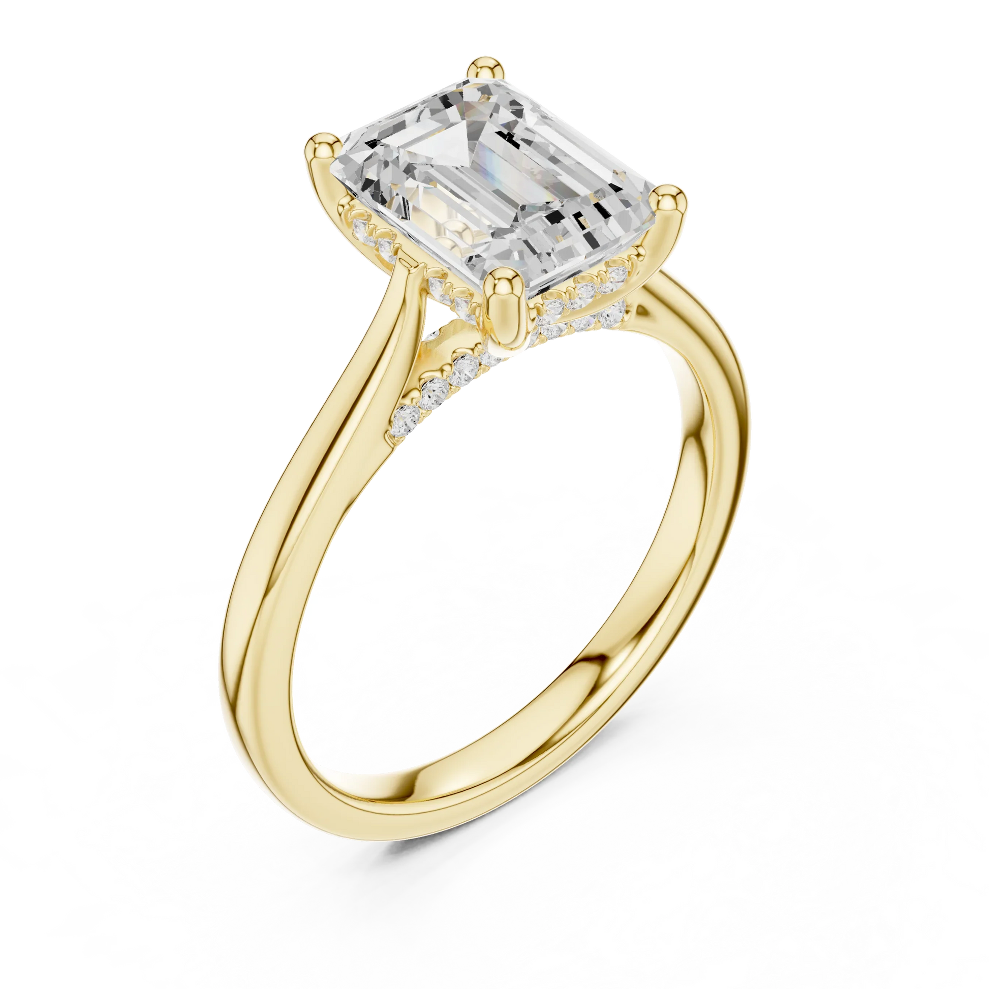 Front view of yellow gold emerald solitaire ring with plain domed band and lab-grown diamond – Australia