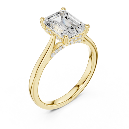 Front view of yellow gold emerald solitaire ring with plain domed band and lab-grown diamond – Australia