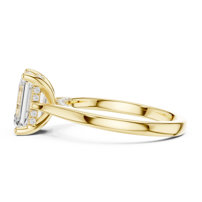 Side view of yellow gold emerald solitaire ring with plain domed band and lab-grown diamond – Australia