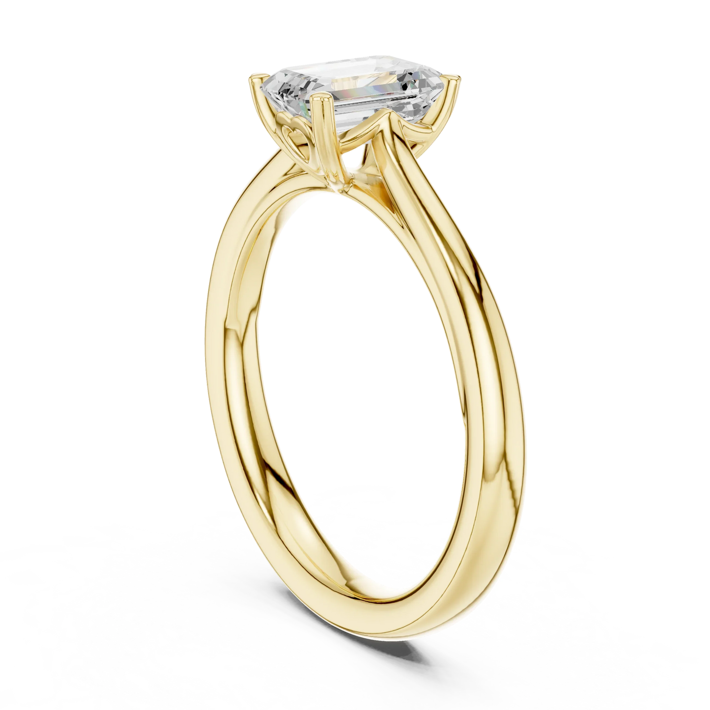 Back view of lab-grown emerald solitaire ring in yellow gold showing smooth band and setting