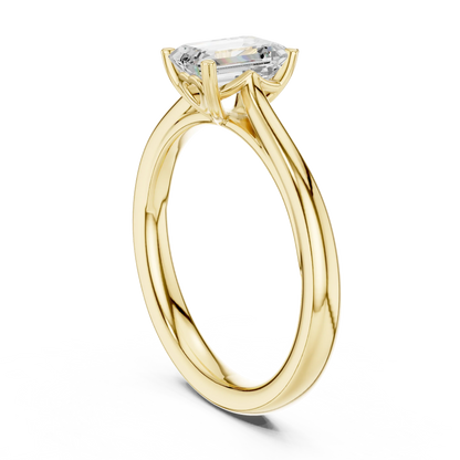 Back view of lab-grown emerald solitaire ring in yellow gold showing smooth band and setting