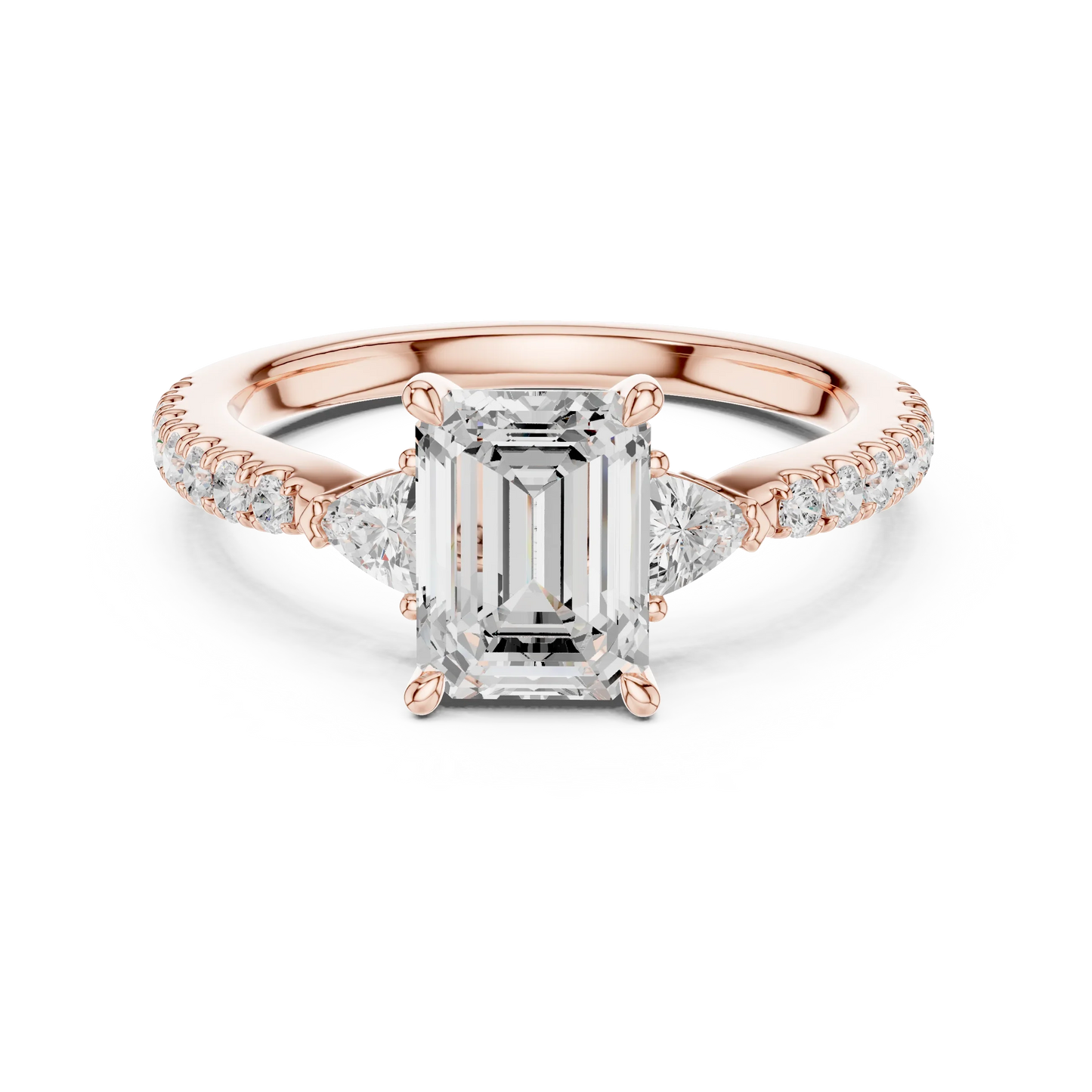 Lab-grown emerald cut three stone diamond pave ring in rose gold, soft tone top view.