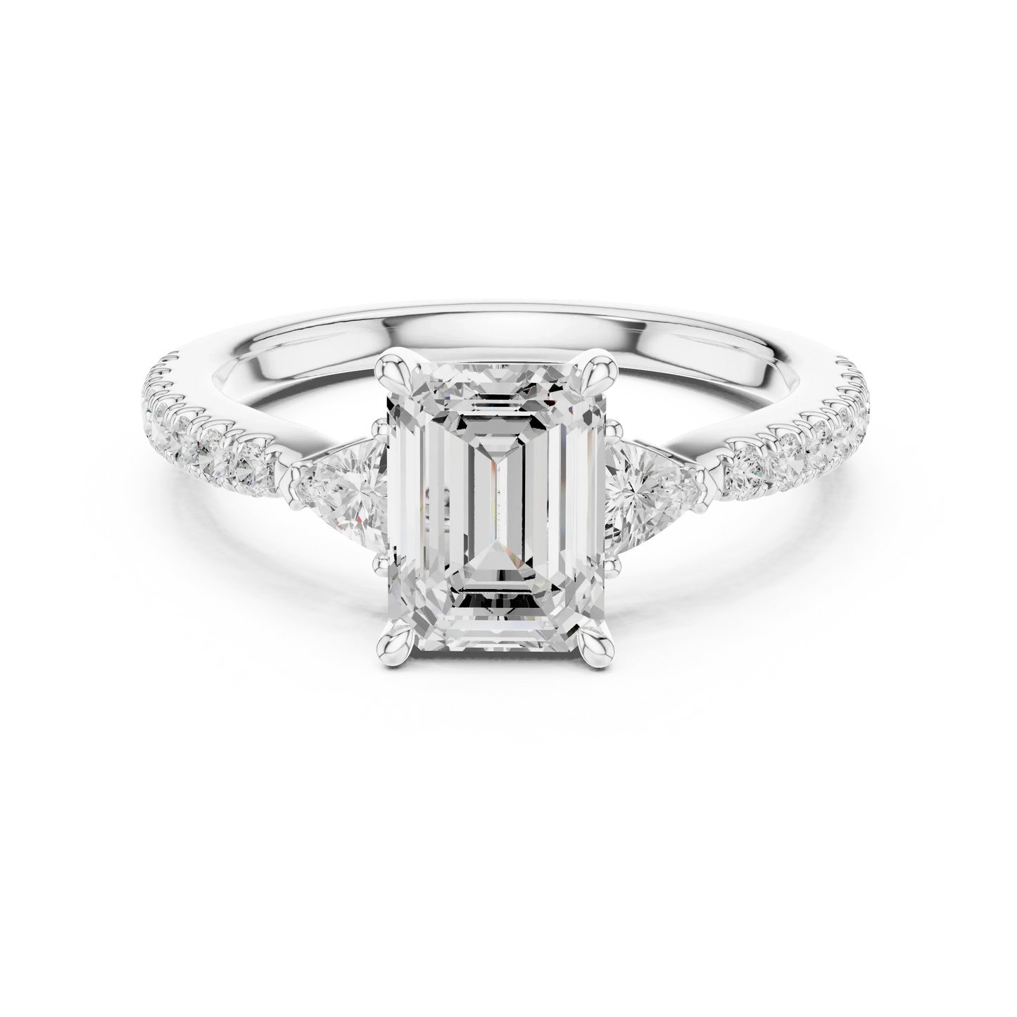 Lab-grown emerald cut three stone diamond pave ring in white gold, elegant top view