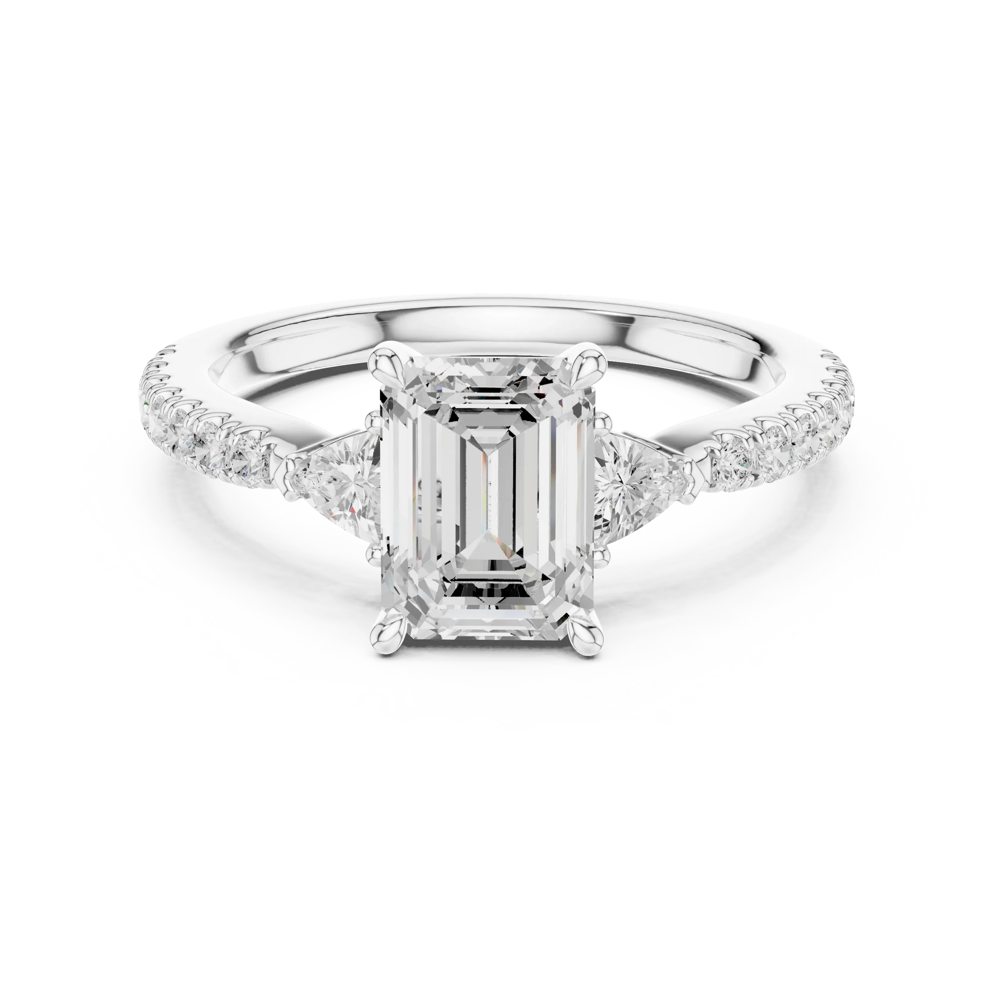 Lab-grown emerald cut three stone diamond pave ring in white gold, elegant top view