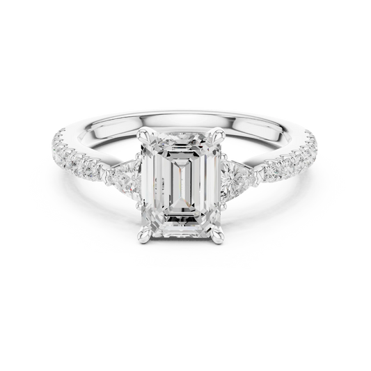 Lab-grown emerald cut three stone diamond pave ring in white gold, elegant top view
