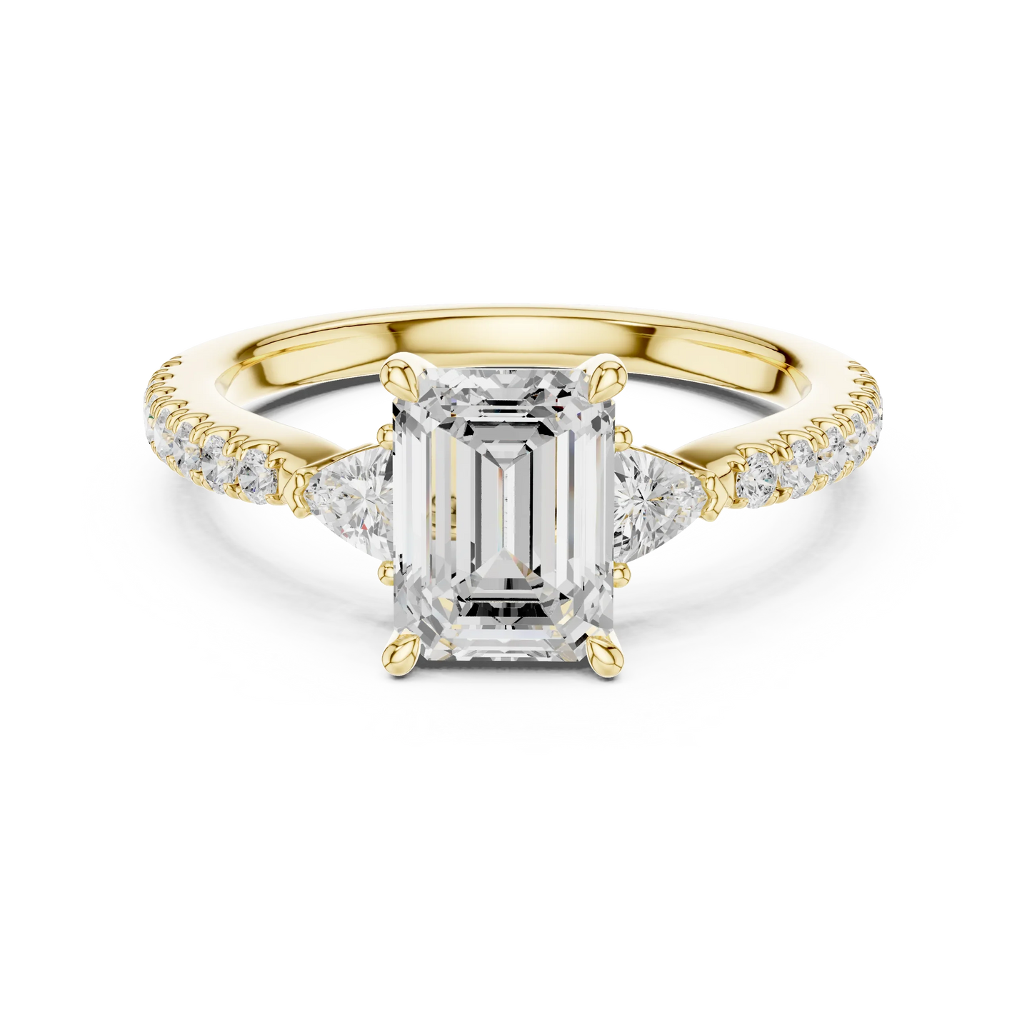 Lab-grown emerald cut three stone diamond pave ring in yellow gold, classic top view.