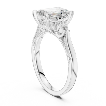Back side view of white gold emerald three stone ring with pear side stones, accent band and lab-grown diamonds 鈥?Australia
