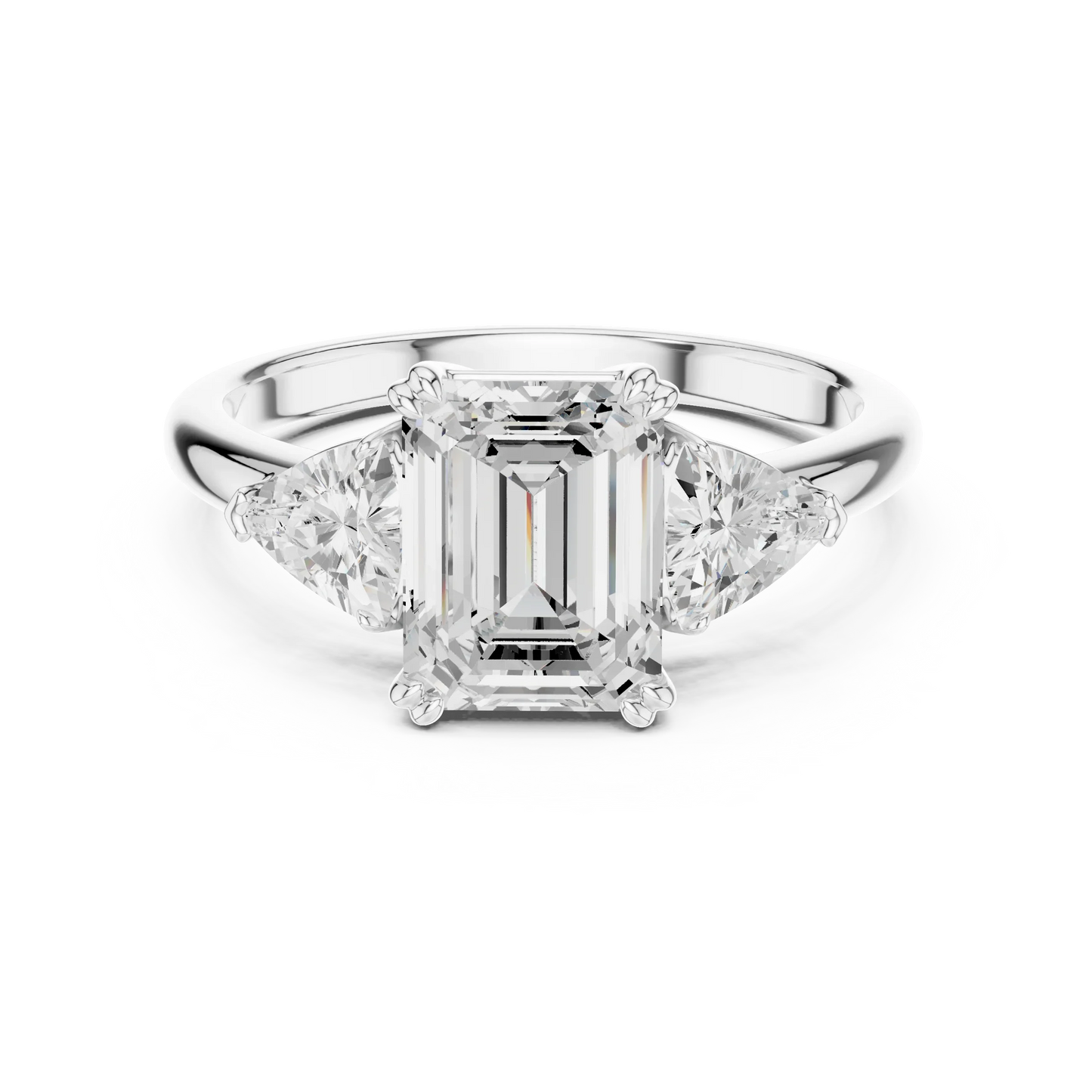 Emerald three-stone ring in white gold with trillion cut side stones and lab-grown diamond 鈥?Australia