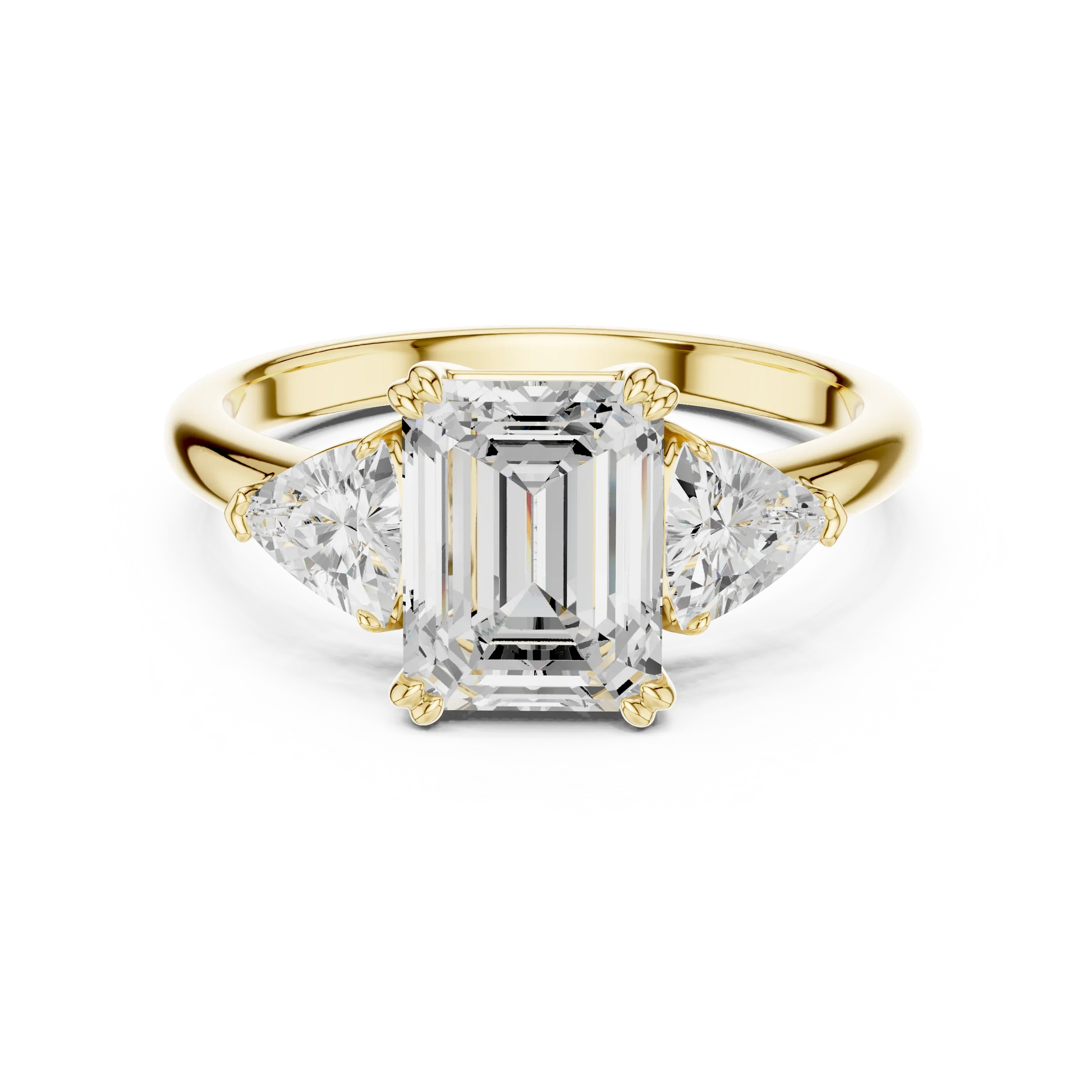 Emerald three-stone ring in yellow gold with trillion cut side stones and lab-grown diamond 鈥?Australia