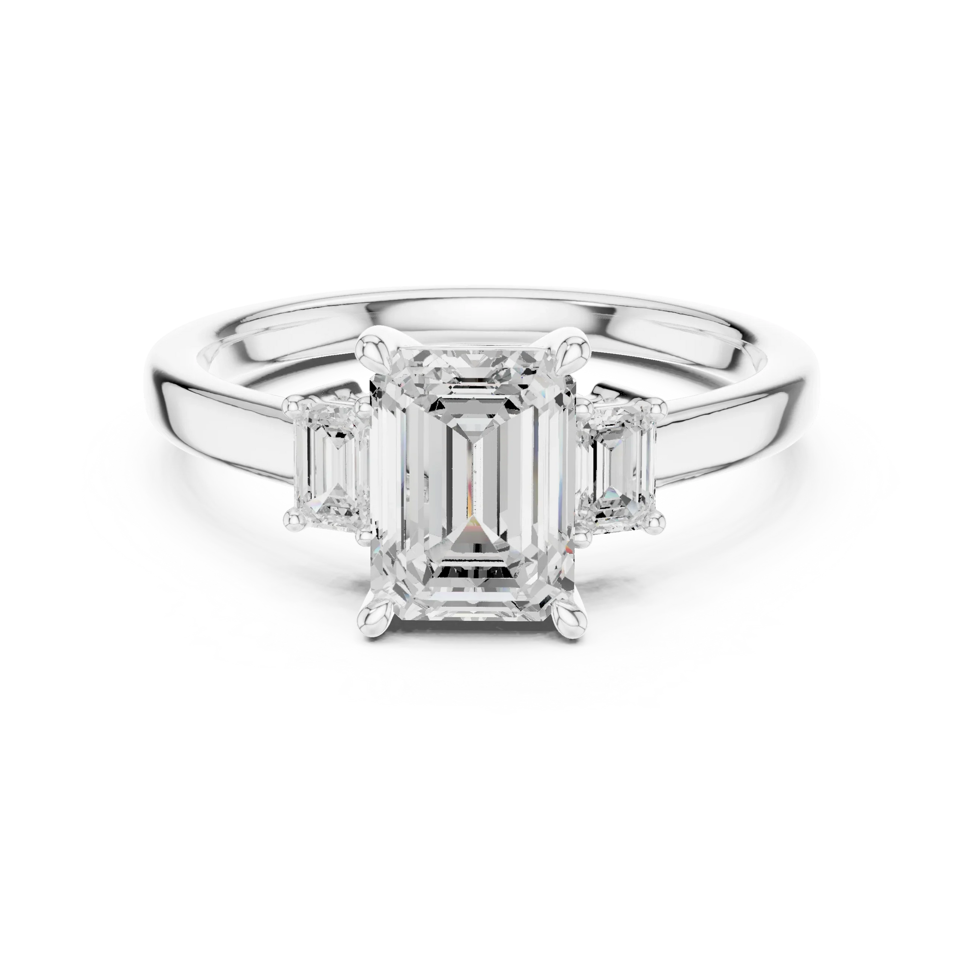 Lab-grown emerald cut three stone diamond ring in white gold, elegant top view