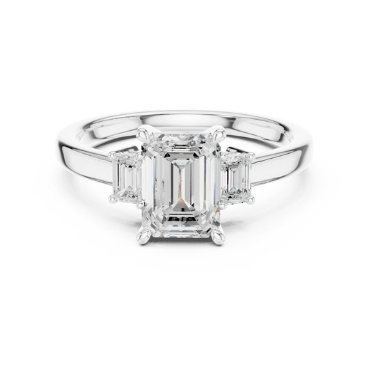 Lab-grown emerald cut three stone diamond ring in white gold, elegant top view
