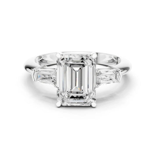 Emerald Three Stone Ring with Half Moon Side Stones