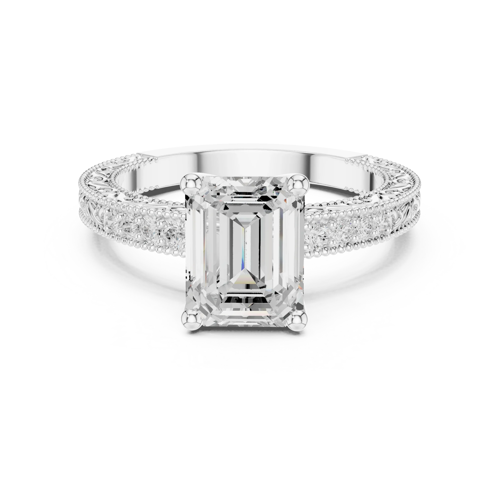 Emerald vintage filigree ring in white gold with milgrain, channel set diamond band and lab-grown diamond – Australia