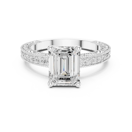Emerald vintage filigree ring in white gold with milgrain, channel set diamond band and lab-grown diamond – Australia