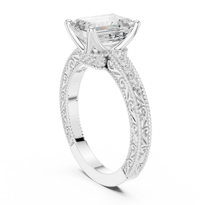 Back view of white gold emerald vintage filigree ring with milgrain, channel set diamond band and lab-grown diamond – Australia