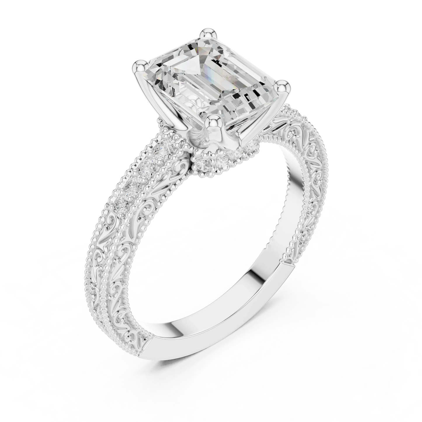 Front view of white gold emerald vintage filigree ring with milgrain, channel set diamond band and lab-grown diamond – Australia