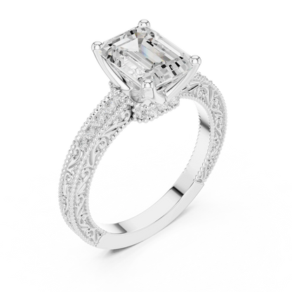 Front view of white gold emerald vintage filigree ring with milgrain, channel set diamond band and lab-grown diamond – Australia
