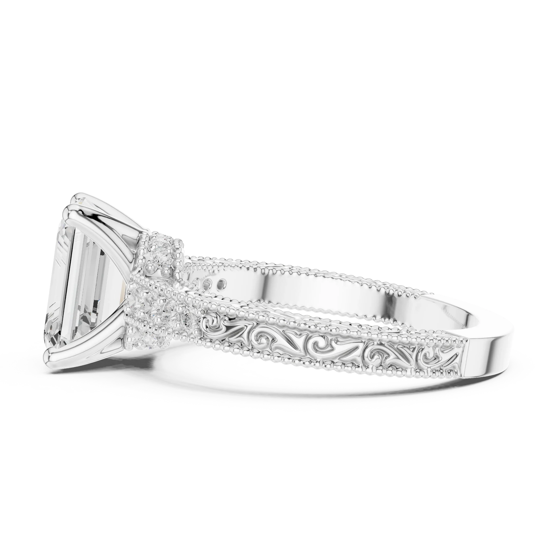 Side view of white gold emerald vintage filigree ring with milgrain, channel set diamond band and lab-grown diamond – Australia