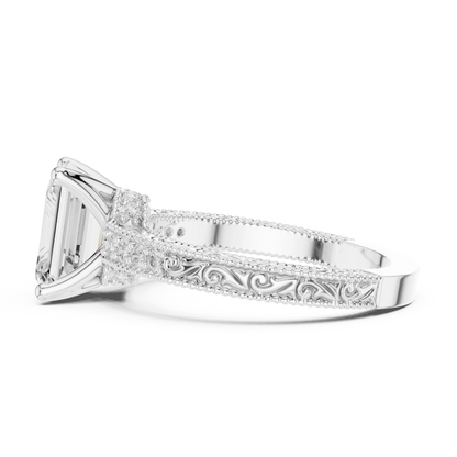 Side view of white gold emerald vintage filigree ring with milgrain, channel set diamond band and lab-grown diamond – Australia