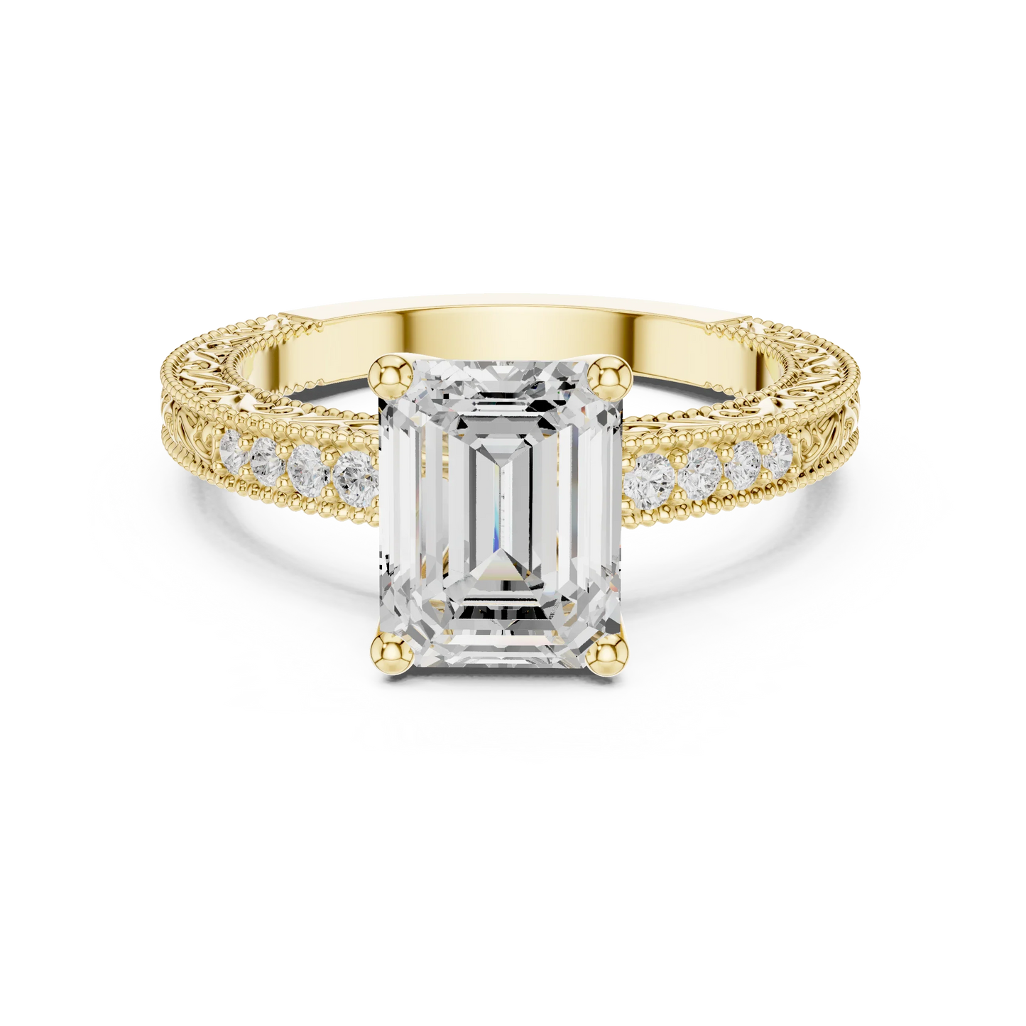 Emerald vintage filigree ring in yellow gold with milgrain, channel set diamond band and lab-grown diamond – Australia